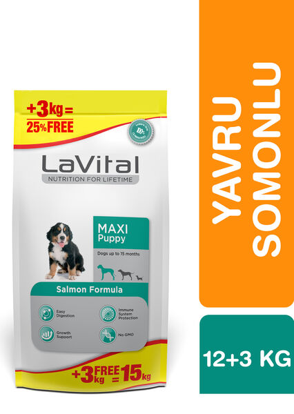 LaVital Büyük Irk Yavru Kuru Köpek Maması (Maxi Puppy) Somonlu 12+3KG
