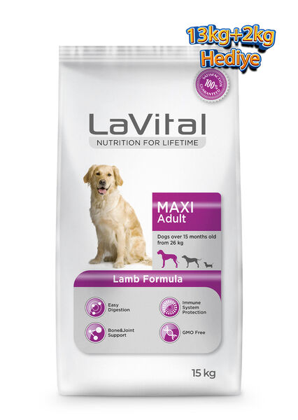LaVital Büyük Irk Yetişkin Kuru Köpek Maması (Maxi Adult) Kuzu Etli 13+2 KG Hediye