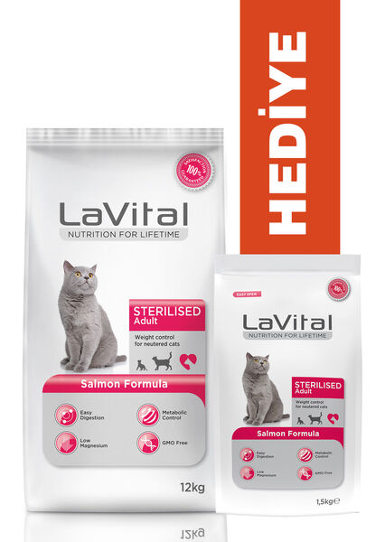 LaVital Kısırlaştırılmış Kuru Kedi Maması (Sterilised Adult) Somonlu 12 KG + KÜÇÜK PAKET 1,5 KG