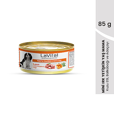 Lavital Kuzu Etli, Balkabaklı ve Adaçaylı Mini Irk Yetişkin Köpek Konservesi 85GR