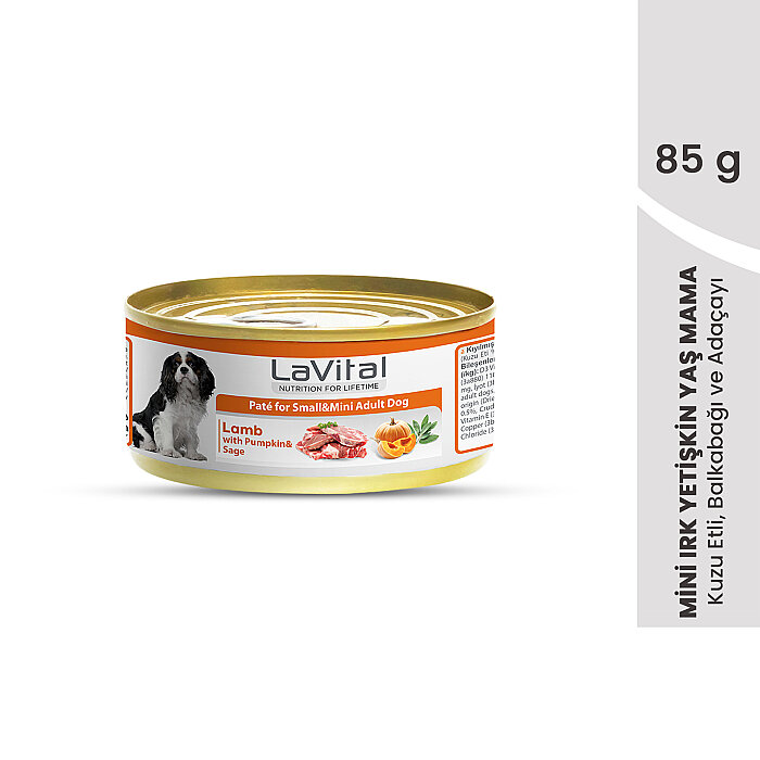 Lavital Kuzu Etli, Balkabaklı ve Adaçaylı Mini Irk Yetişkin Köpek Konservesi 85GR - 1