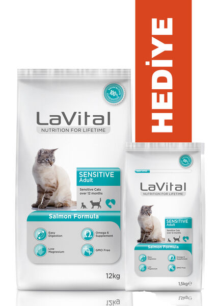 LaVital Yetişkin Kuru Kedi Maması (Sensitive Adult) Somonlu 12 KG + KÜÇÜK PAKET 1,5 KG