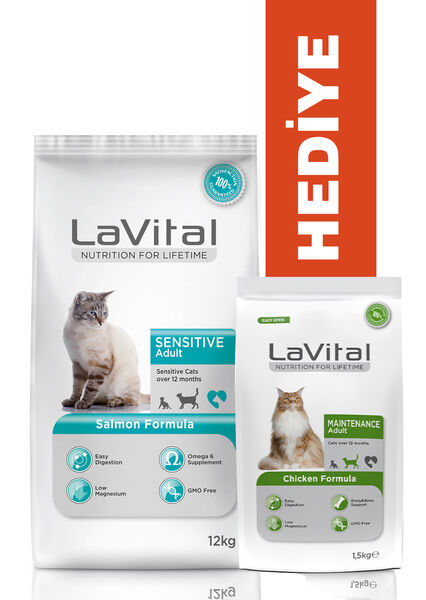 LaVital Yetişkin Kuru Kedi Maması (Sensitive Adult) Somonlu 12 KG + KÜÇÜK PAKET 1,5 KG