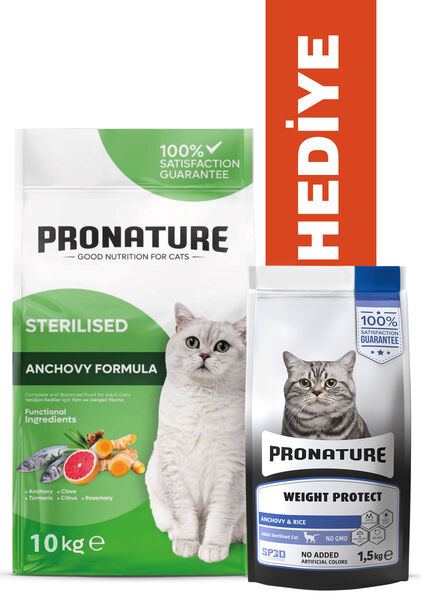 Pronature Kısırlaştırılmış Yetişkin Kuru Kedi Maması - Hamsili ve Pirinçli - 10 KG + KÜÇÜK PAKET 1,5 KG