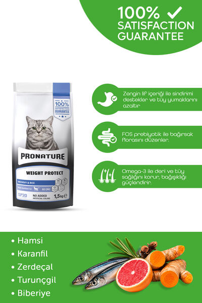 Pronature Kısırlaştırılmış Yetişkin Kuru Kedi Maması (Weight Protect) - Hamsili ve Pirinçli - 1,5KG