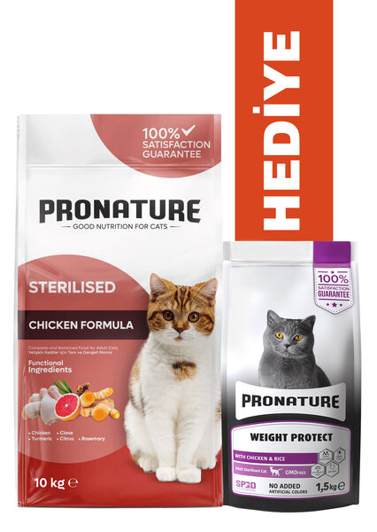 Pronature Kısırlaştırılmış Yetişkin Kuru Kedi Maması - Tavuk Etli ve Pirinçli - 10KG + KÜÇÜK PAKET 1,5 KG