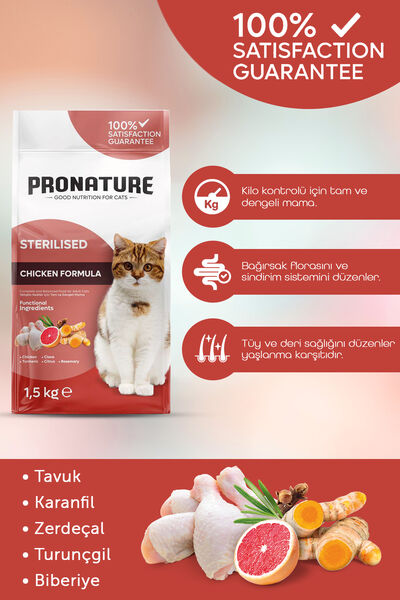 Pronature Kısırlaştırılmış Yetişkin Kuru Kedi Maması (Weight Protect) - Tavuk Etli ve Pirinçli - 1,5KG