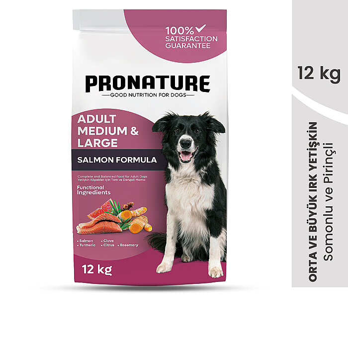 Pronature Orta ve Büyük Irk Yetişkin Kuru Köpek Maması (Derma Shine) - Somonlu ve Pirinçli - 12KG - 2