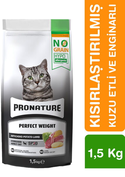 Pronature Tahılsız Kısırlaştırılmış Yetişkin Kuru Kedi Maması (Perfect Weight) - Kuzu Etli Patatesli ve Enginarlı - 1,5KG