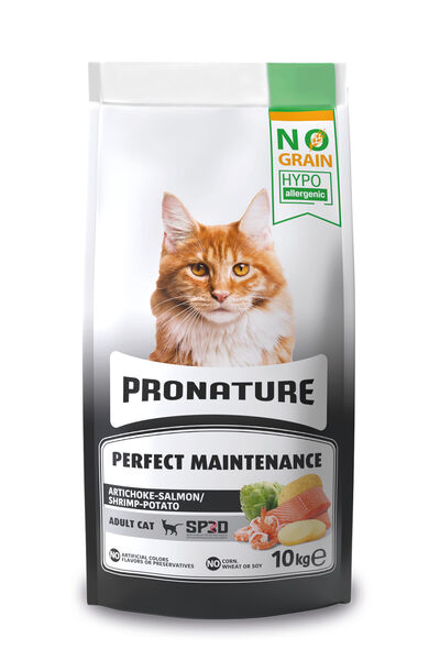 Pronature Tahılsız Yetişkin Kuru Kedi Maması (Perfect Maintenance) - Karidesli Somonlu & Patatesli ve Enginarlı – 10KG