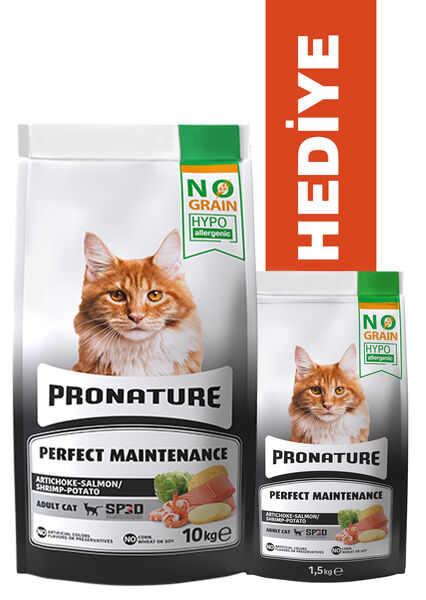 Pronature Tahılsız Yetişkin Kuru Kedi Maması (Perfect Maintenance) - Somonlu ve Enginarlı – 10 KG + KÜÇÜK PAKET 1,5 KG