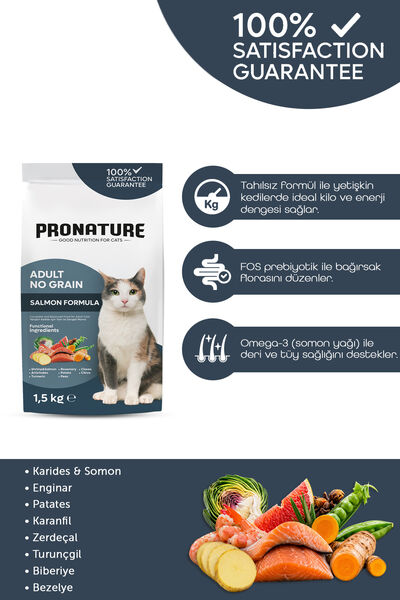 Pronature Tahılsız Yetişkin Kuru Kedi Maması (Perfect Maintenance) - Somonlu Enginarlı - 1,5KG
