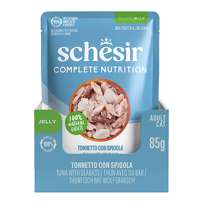 Schesir Jelly Ton Balıklı ve Levrekli Jöle İçinde Yetişkin Kedi Pouch 85g - 3