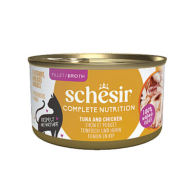Schesir Ton Balıklı Tavuk Filetolu ve Pirinçli Pişirme Suyunda Yetişkin Kedi Konservesi 85g